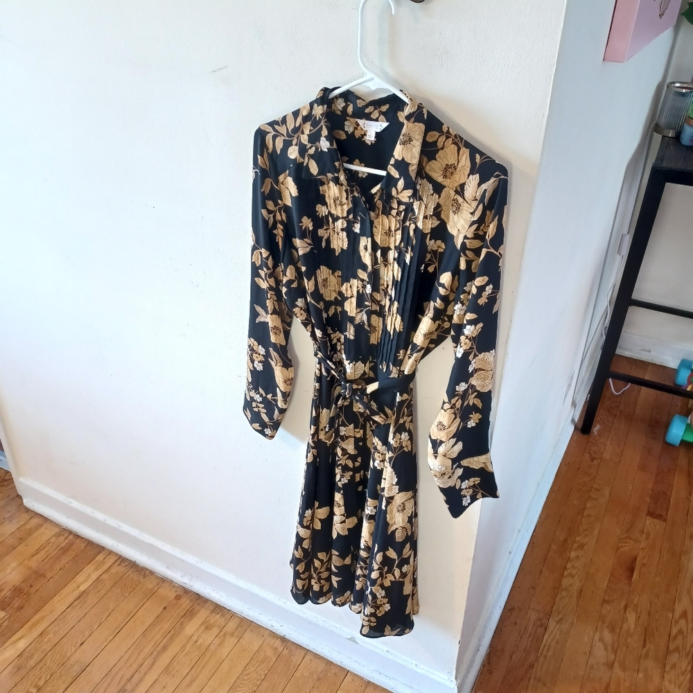 Nanette Lepore Black & Gold Floral Long Sleeve Shirt Dress